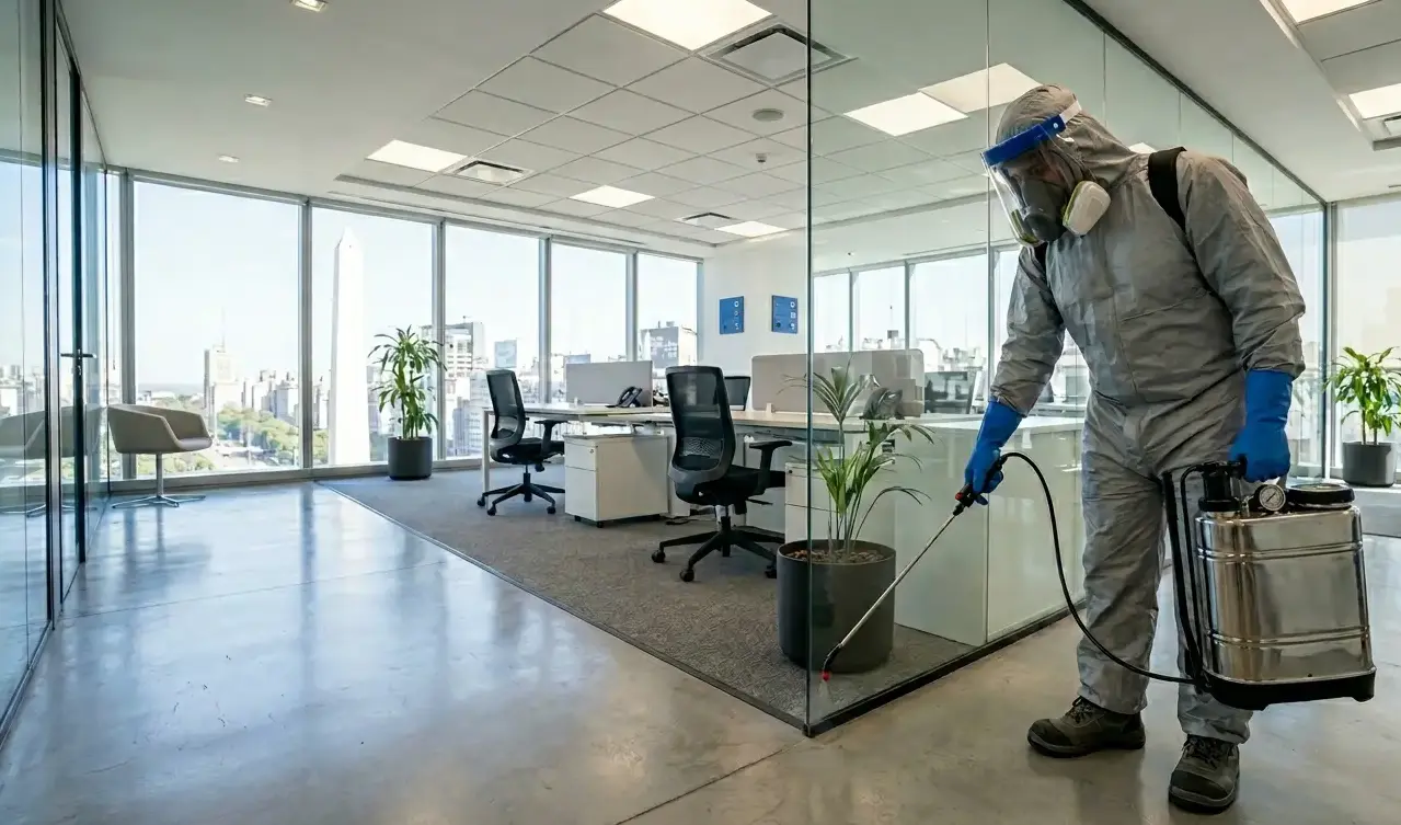 Técnico realizando fumigación con EPP completo en interior en CABA