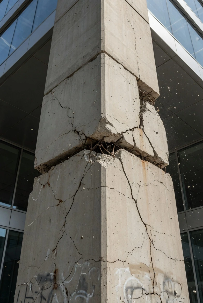 Columna de hormigón agrietada y con fallas estructurales en una obra ejecutada por un contratista de obra. Ejemplo de defectos de construcción que se pueden evitar con un profesional serio.