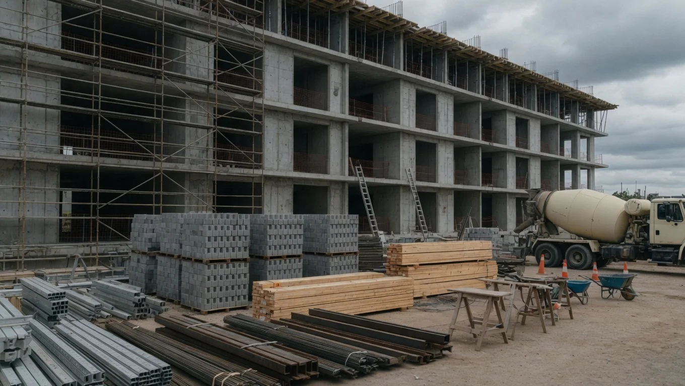 Contratista de obra profesional en construcción de edificio en CABA. Sitio de obra con andamios, materiales y equipamiento pesado para proyectos integrales.