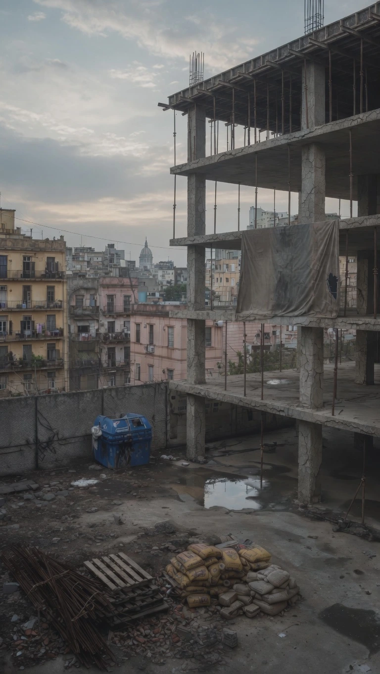 Contratista de obra en la construcción de un edificio de varios pisos. Estructura de hormigón con andamios, materiales y equipamiento profesional en un sitio de obra.