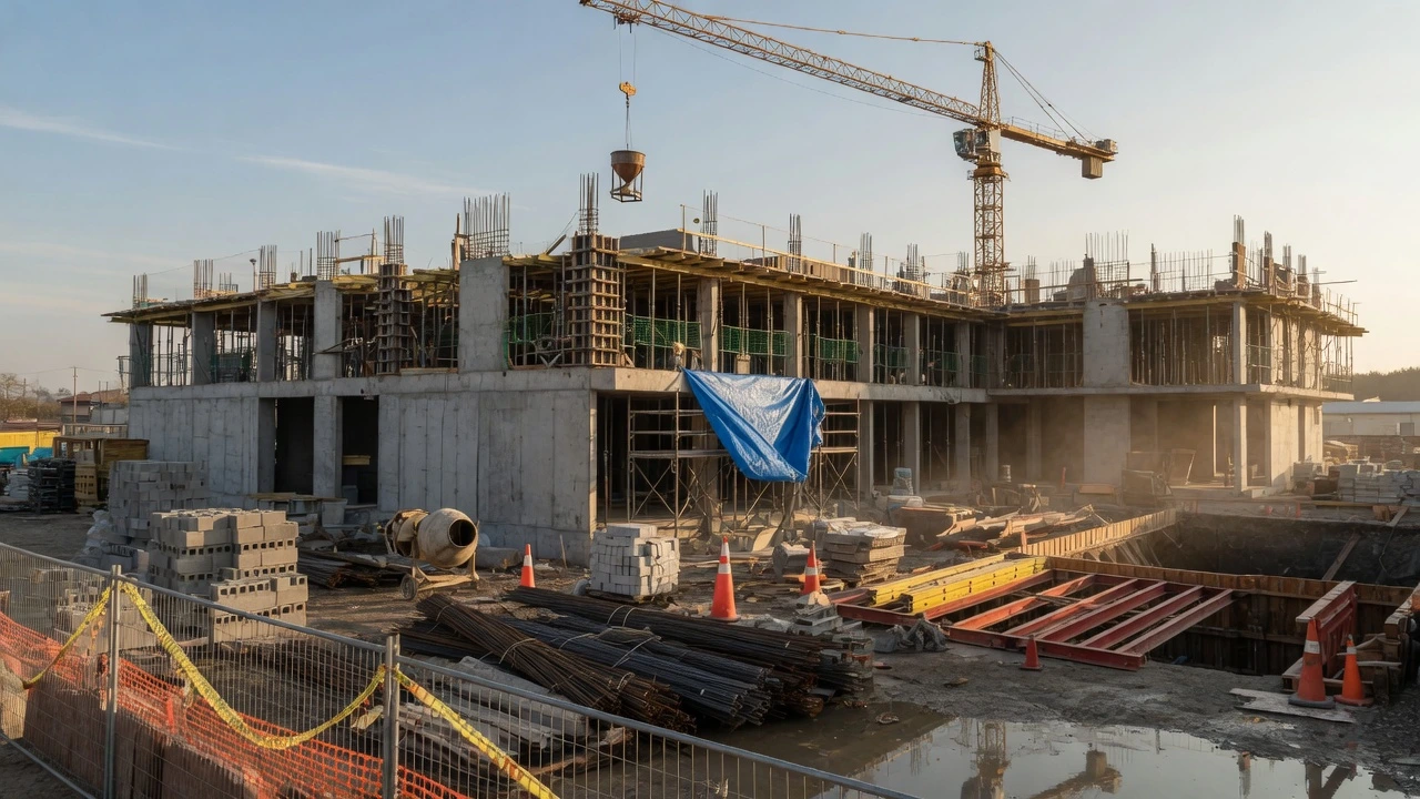 Estructura de hormigón armado en una obra en construcción con grúas torre y encofrados, parte del proceso que culmina con la certificación de conforme a obra municipal.