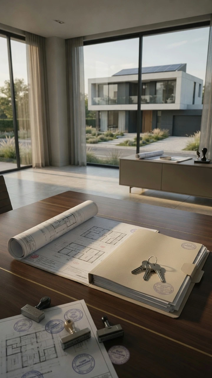 Planos arquitectónicos aprobados con sellos oficiales, carpeta de documentación y llaves sobre una mesa en un ambiente moderno, representando la entrega final de una obra tras obtener el conforme a obra.