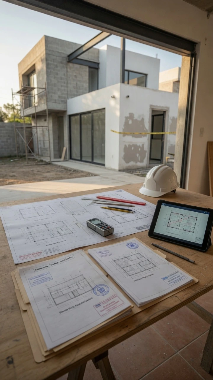 Planos arquitectónicos, nivel digital y casco de seguridad sobre una mesa en una obra en construcción, junto a la documentación técnica necesaria para la tramitación del conforme a obra.