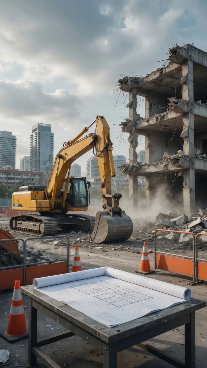 Expediente oficial con sellos, timbres y firma sobre escombros en una obra en demolición.