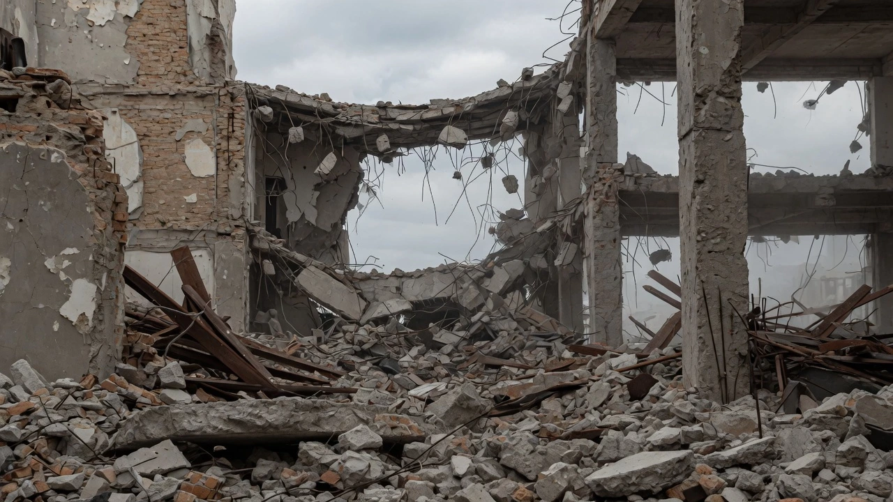 Permiso de demolición. Edificio colapsado con grandes montones de escombros de hormigón, pilares dañados y restos de estructuras esparcidos por el suelo bajo un cielo nublado.