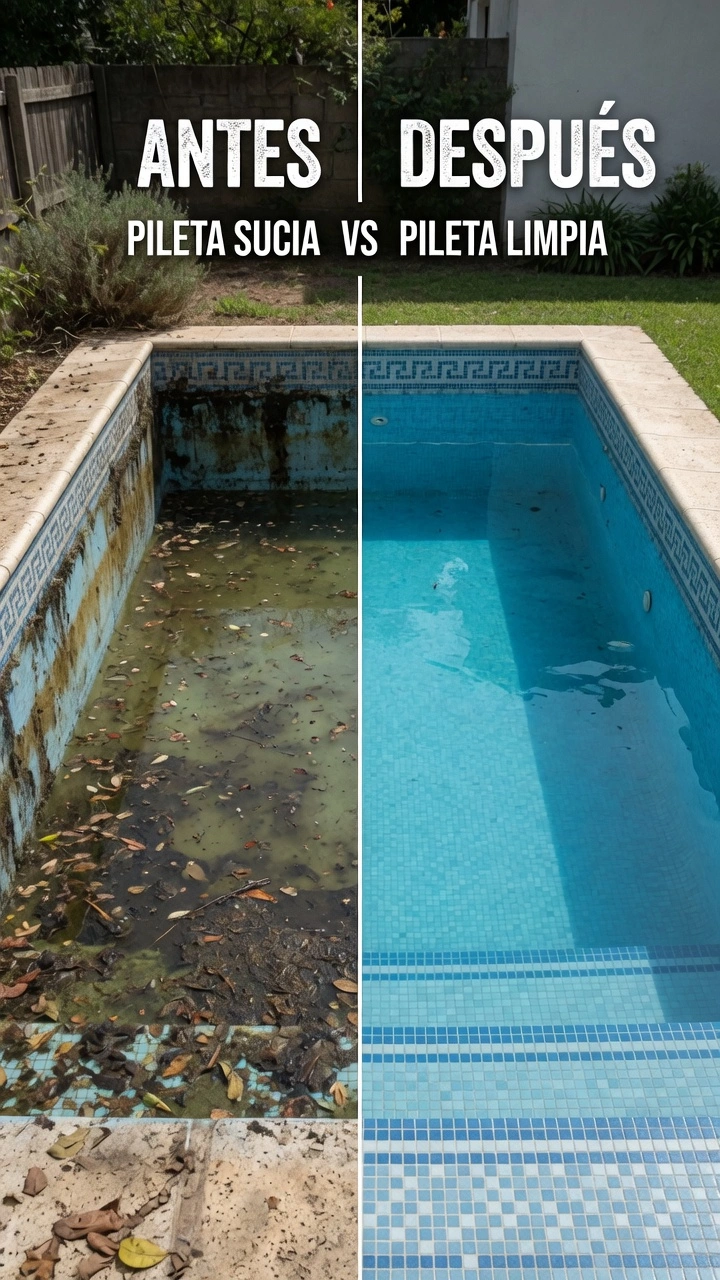 Comparación visual del resultado de una limpieza de piletas profesional: estado inicial sucio vs final cristalino.