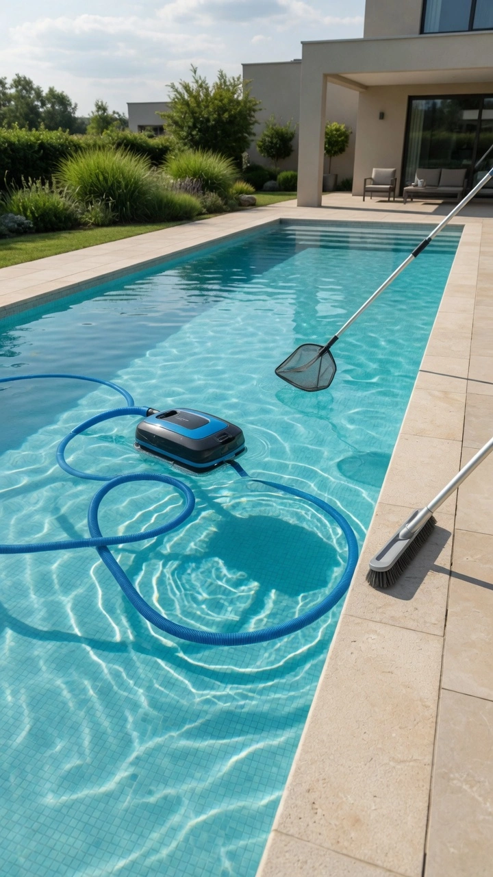 Piscina con agua cristalina y equipamiento profesional durante una sesión de limpieza de piletas