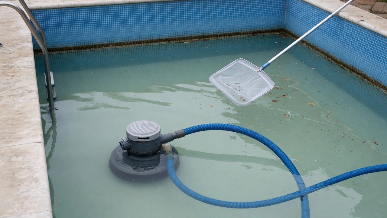 Proceso de limpieza de piletas con agua turbia siendo recuperada por profesionales de Grupo Escila