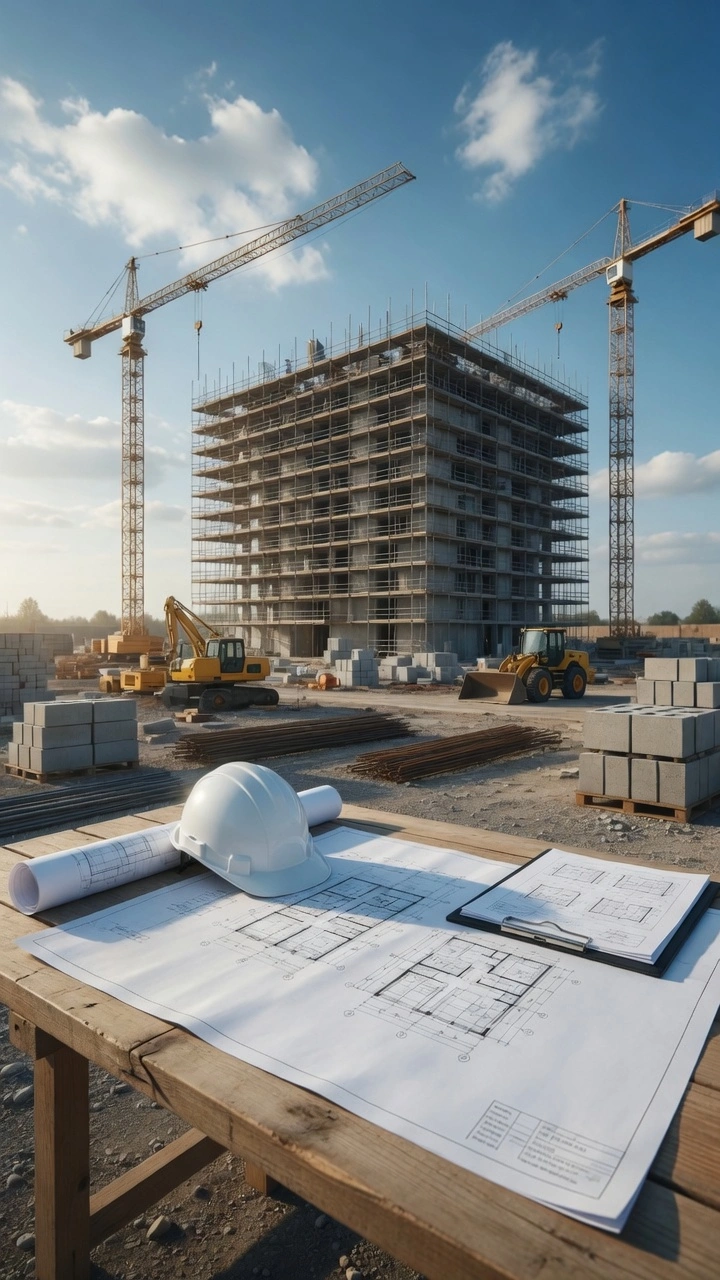 Planos arquitectónicos y casco de seguridad sobre mesa en obra con grúas y edificio en construcción, documentación requerida para Permiso de obra