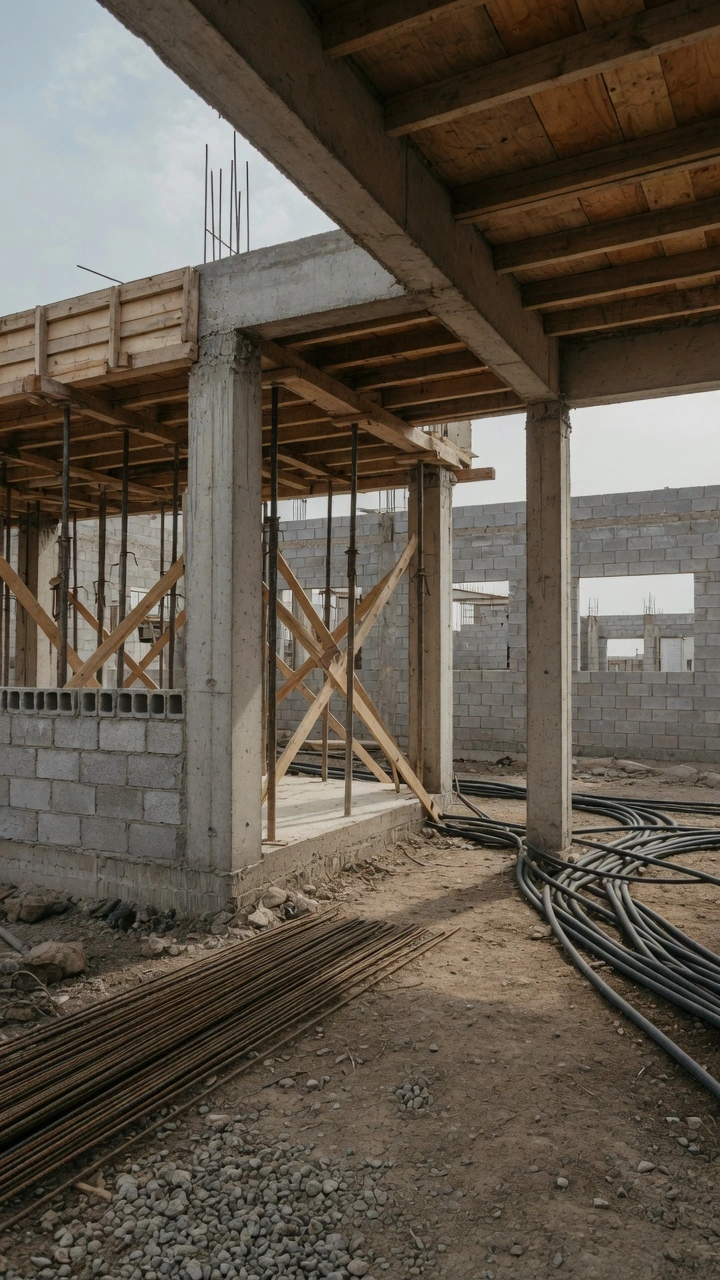Estructura de hormigón con columnas, encofrado de madera y barras de acero en obra en construcción, materiales necesarios cuando se tramita un Permiso de obra