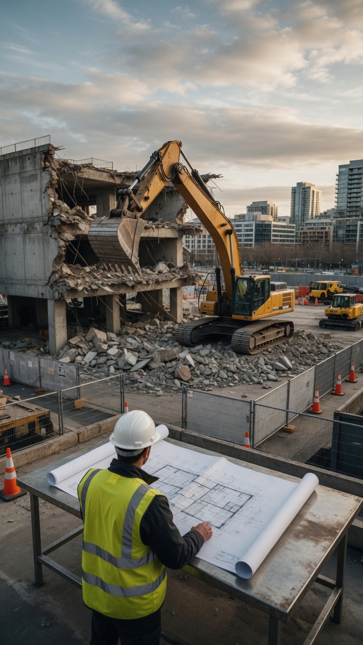 Profesional revisando planos en una obra de demolición mientras una excavadora trabaja en el fondo