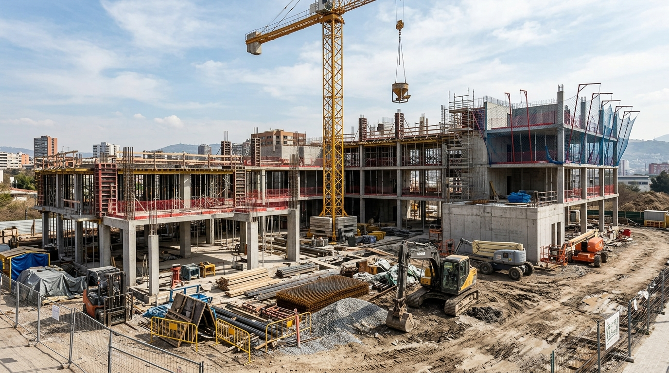Obra en construcción con estructura de hormigón armado, grúa torre amarilla y maquinaria pesada en un entorno urbano.