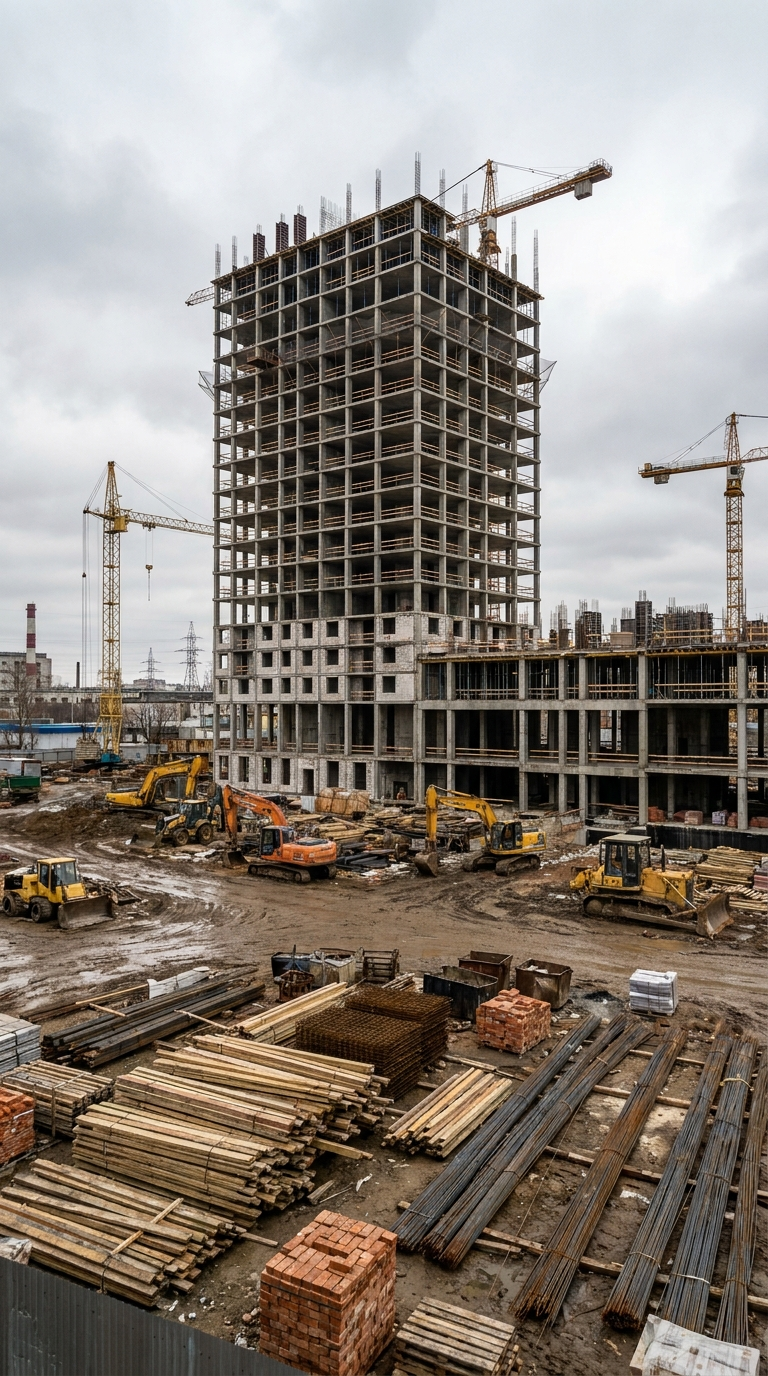 Sitio de construcción con edificio en desarrollo, grúas torre, planos arquitectónicos, casco de seguridad y materiales. Dirección de obra profesional con supervisión técnica y herramientas de medición.