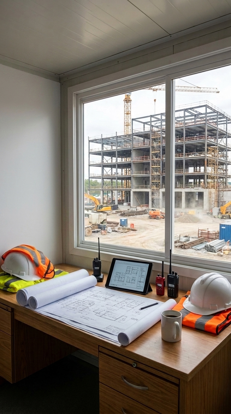Oficina temporal en sitio de construcción con planos, cascos de seguridad y vista a edificio en desarrollo con grúas.