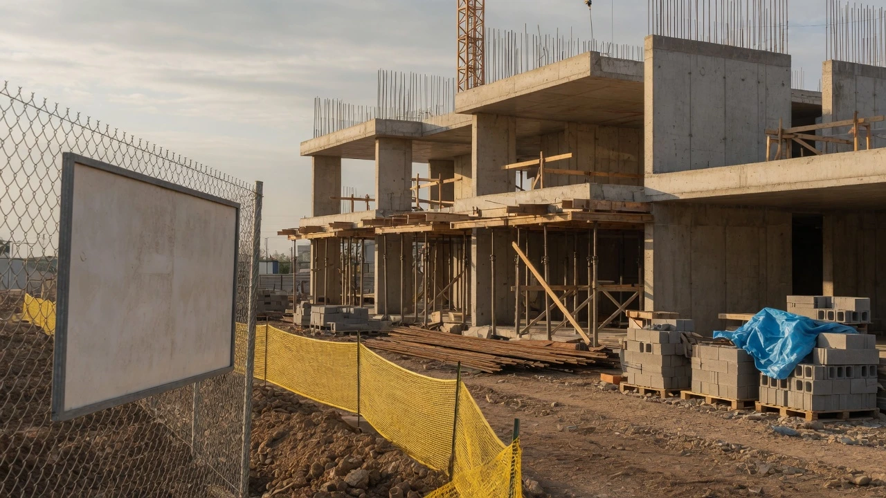 Obra en construcción con estructura de hormigón, andamios de madera, vallado perimetral con malla de seguridad y materiales de construcción apilados