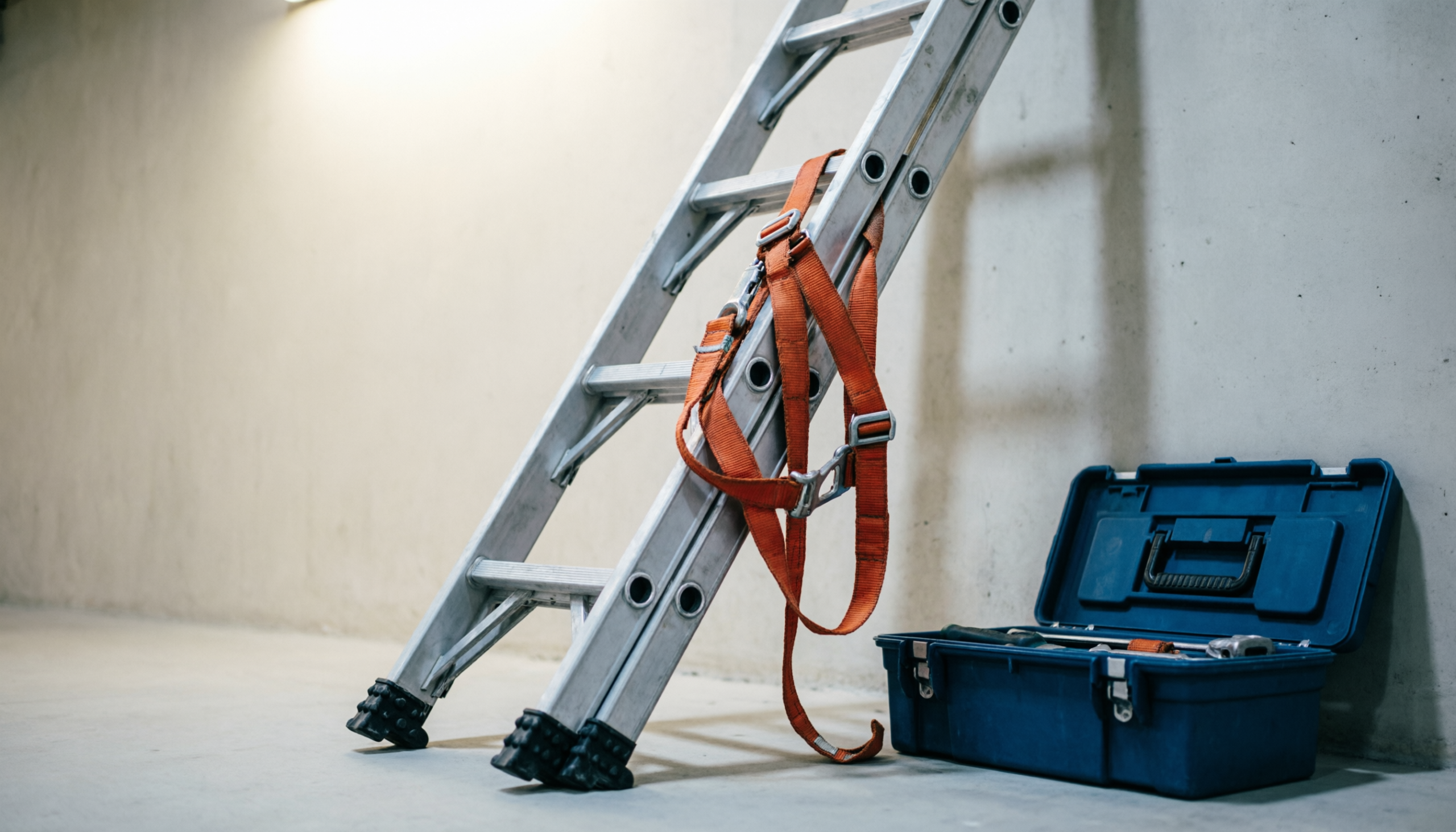 Arnés de seguridad naranja colgado en una escalera de aluminio para trabajo en altura, junto a una caja de herramientas abierta en una obra.