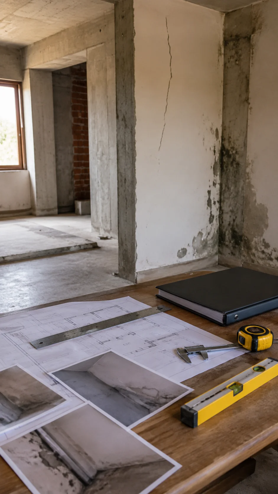 Documentación y herramientas para evaluación de patologías constructivas en edificación. Planos, fotografías de daños y herramientas de medición sobre mesa durante una pericia técnica de obra, con paredes agrietadas y con humedad visible al fondo.<br />