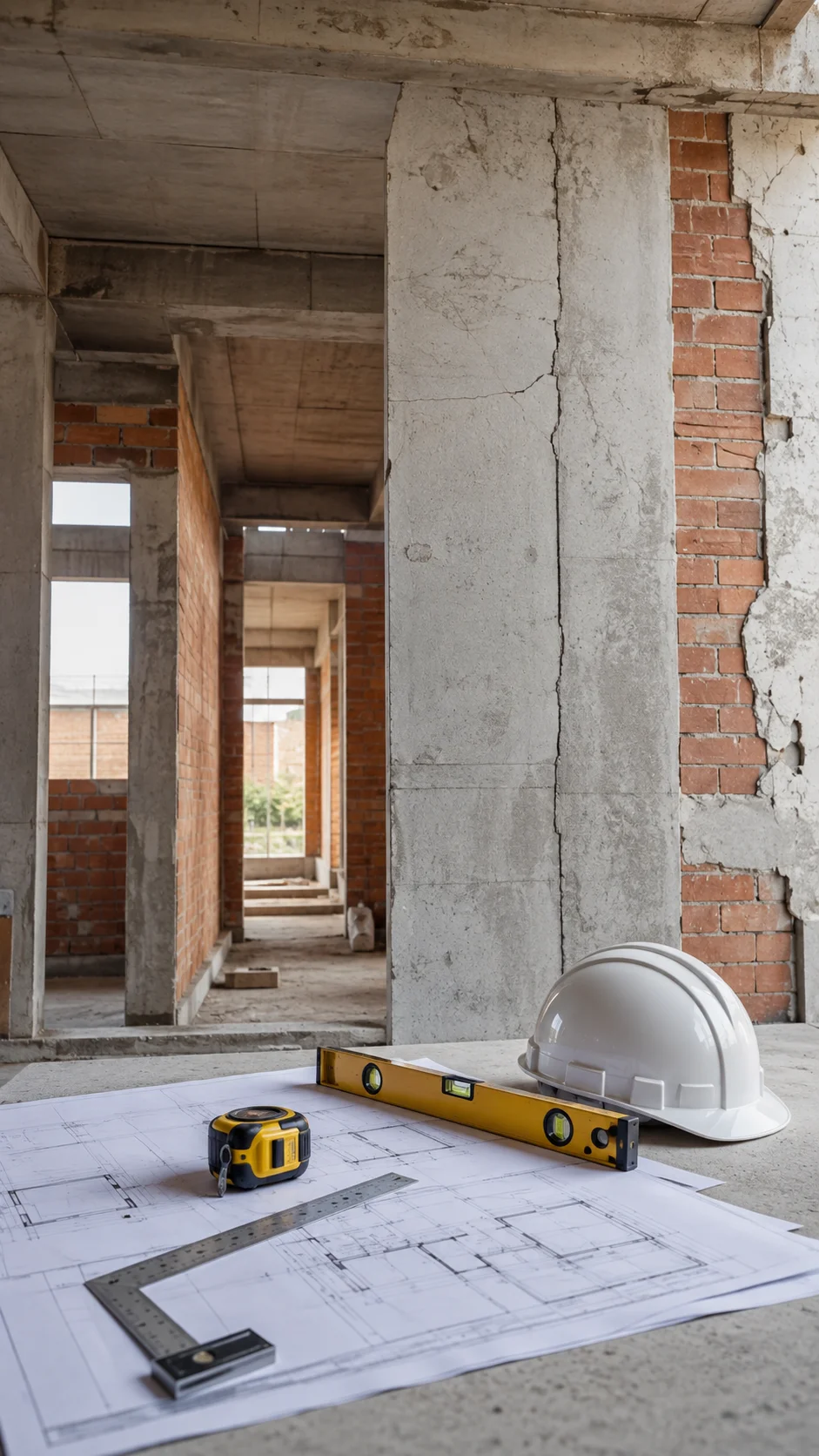 Elementos de control y planos en estructura de hormigón en construcción. Herramientas de medición y planos sobre piso de obra durante una pericia técnica de obra, con columnas de hormigón y muros de ladrillo al fondo.