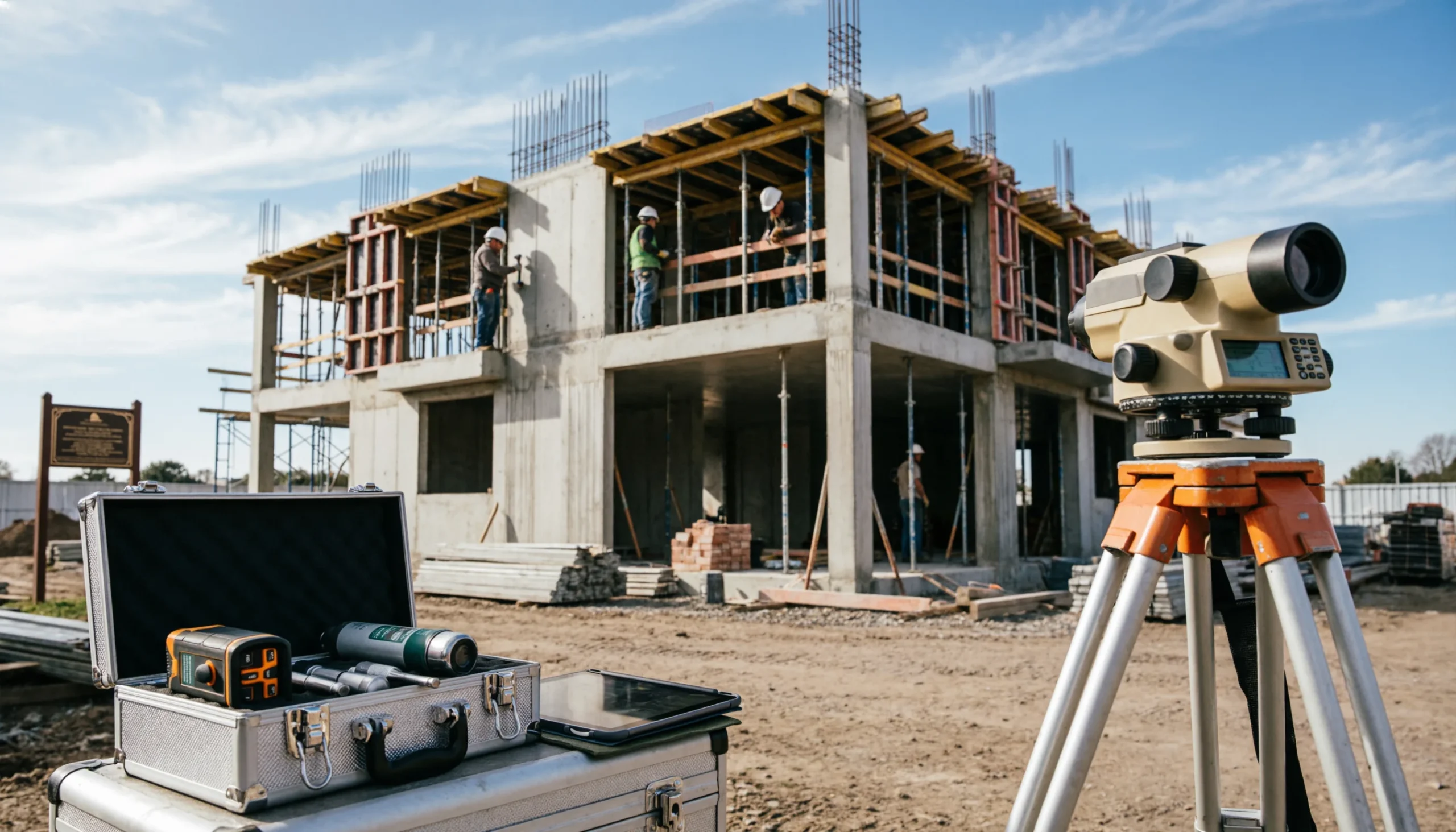 Instrumento de medición en obra en construcción con operarios trabajando. Equipo de medición topográfica sobre trípode en primer plano durante una pericia técnica de obra, con trabajadores construyendo una estructura de hormigón al fondo.