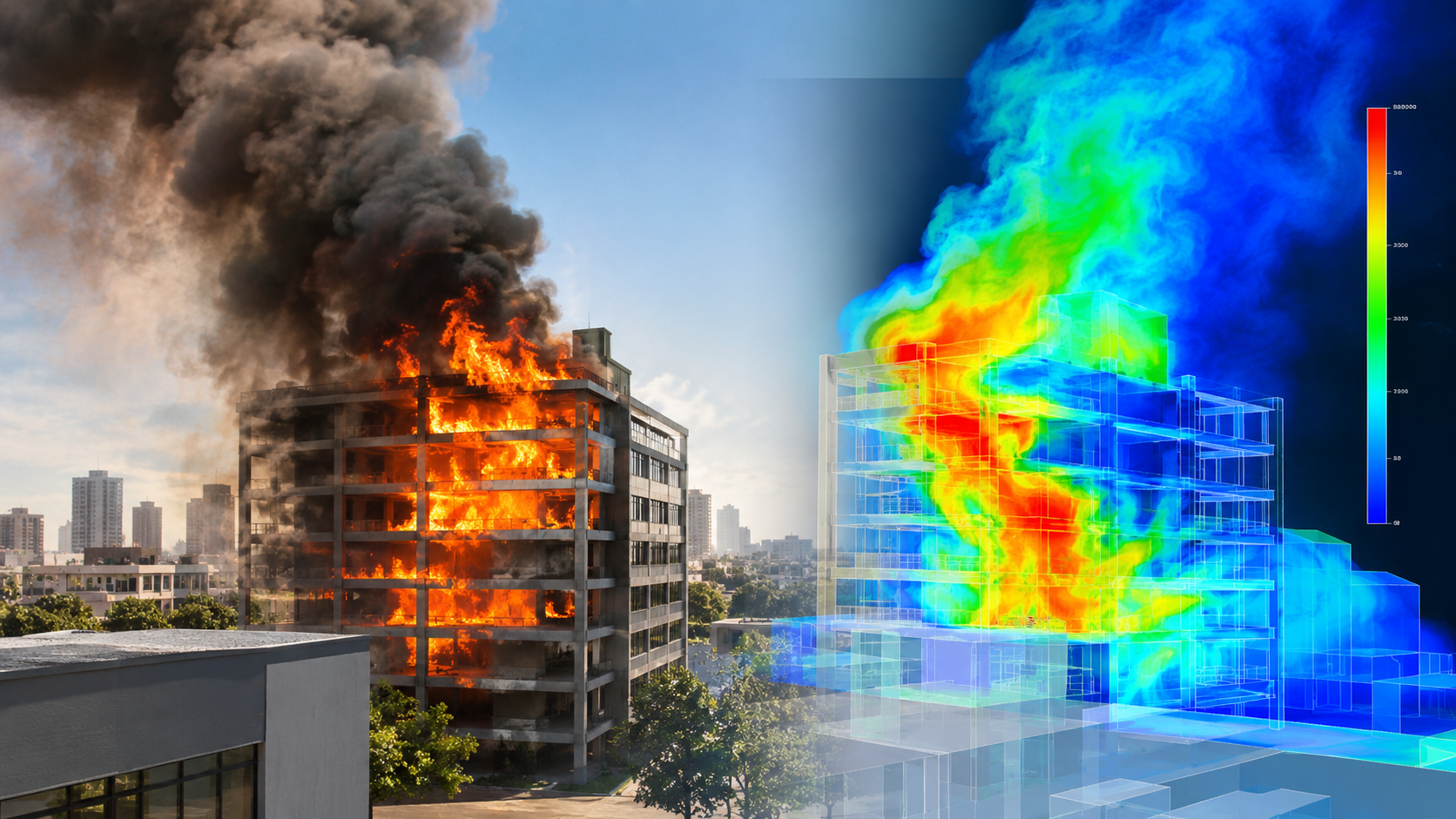 Composición comparativa de un edificio en llamas con humo negro a la izquierda y, a la derecha, su modelo tridimensional translúcido con mapas de color azul, verde, amarillo y rojo que representan la propagación del humo, junto a una escala cromática de valores.