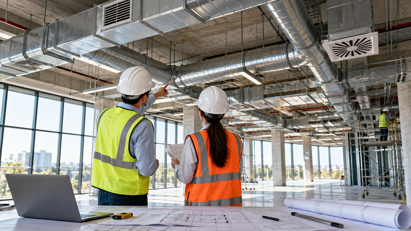 Profesionales revisando un plano de ventilación mecánica y verificando la distribución de conductos, rejillas y sistemas de extracción de aire en un edificio en construcción.
