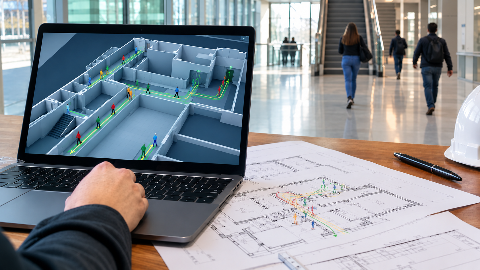 Manos sobre el teclado de una laptop que exhibe una planta tridimensional con personas de colores avanzando por flechas verdes hacia salidas de emergencia, acompañada de láminas impresas con trayectos curvos, una lapicera negra y un casco blanco sobre la mesa, mientras peatones se alejan por el hall vidriado.