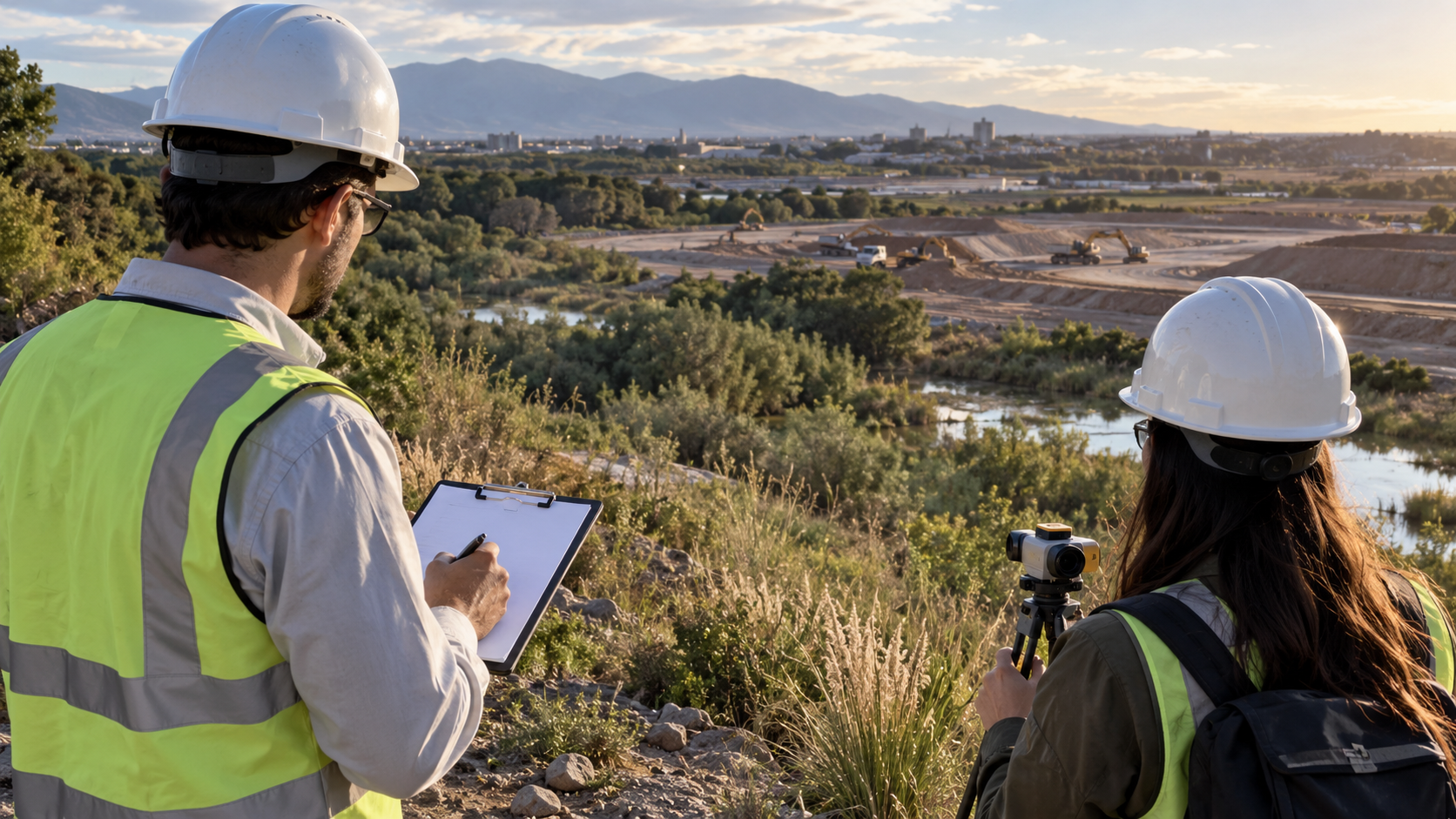 Dos profesionales realizan un relevamiento técnico del entorno natural y de una zona de obra como parte de un estudio de impacto ambiental.