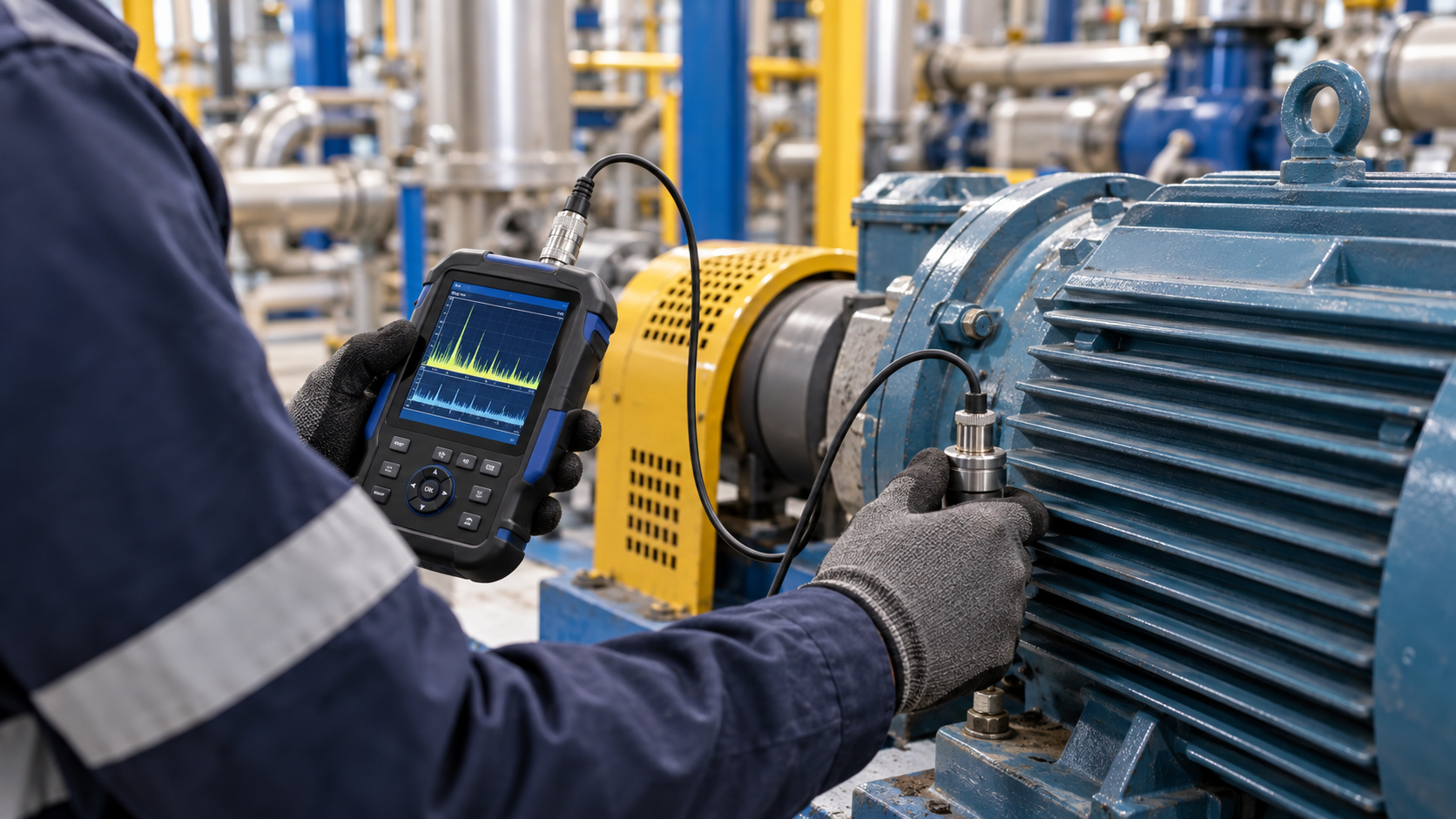 Evaluación vibratoria de equipos y motores industriales Técnico realizando medición de vibraciones en CABA con un analizador portátil sobre un motor industrial para evaluar su funcionamiento.