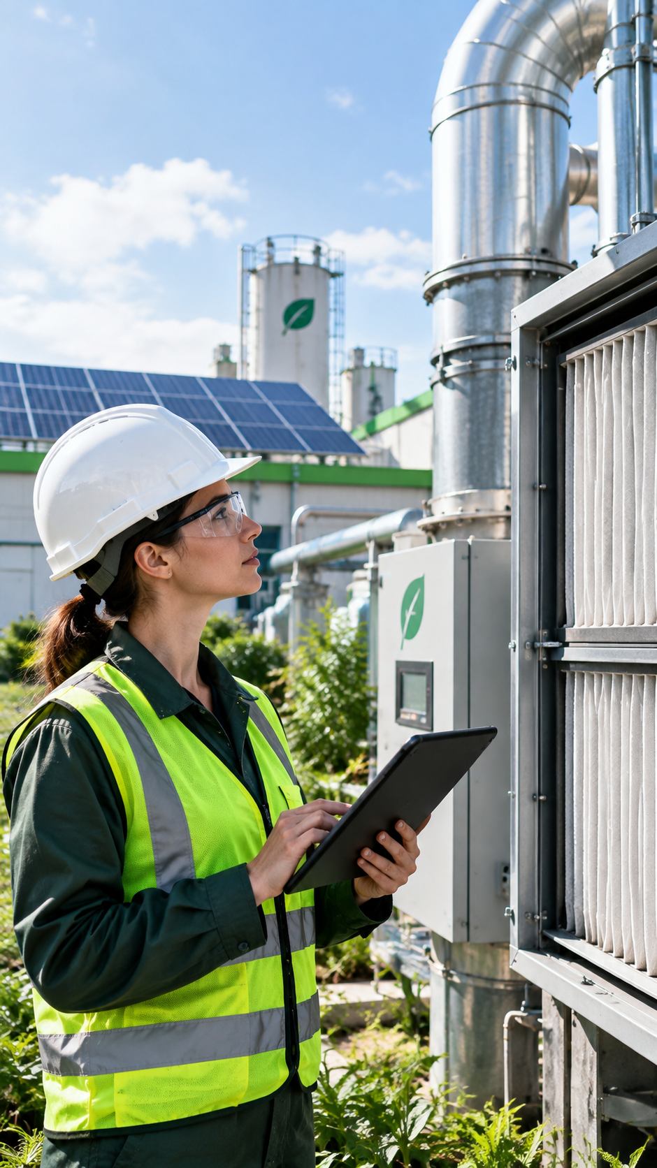 Técnica con casco blanco, antiparras y chaleco fluorizado revisando con una tablet un banco de filtros de aire junto a ductos metálicos, con paneles solares y silos identificados con hojas verdes bajo cielo despejado.
