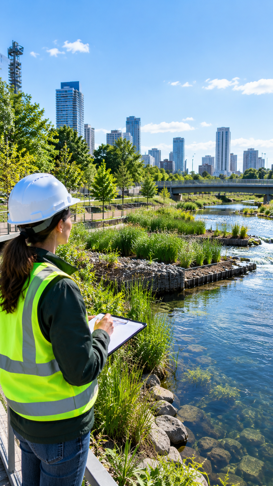 Profesional de espaldas con casco blanco y chaleco de alta visibilidad anotando en una planilla junto a un río urbano restaurado, con terrazas de vegetación ribereña, rocas y gaviones, un puente peatonal y torres de la ciudad al fondo bajo cielo azul.