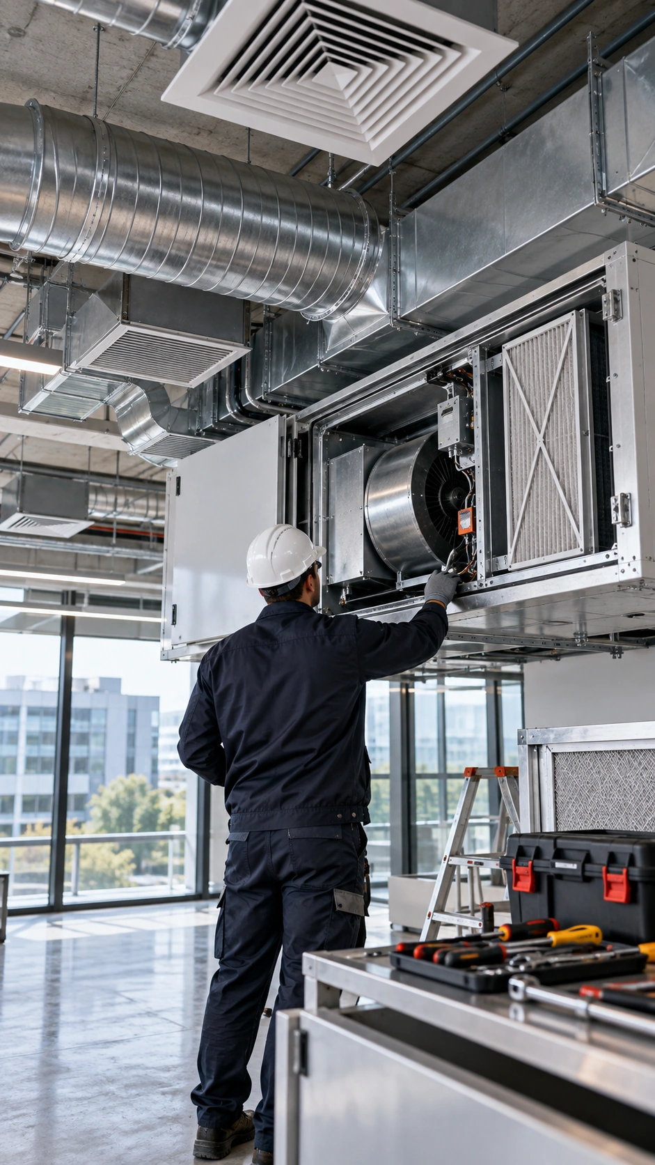 Técnico inspeccionando una unidad de tratamiento de aire y sus conductos según un plano de ventilación mecánica en el interior de un edificio.