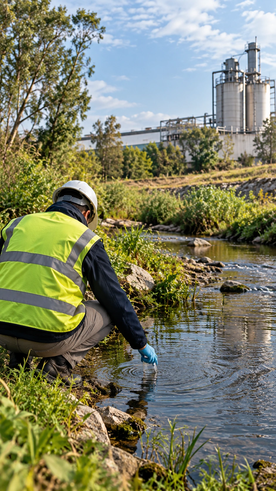 Técnico tomando una muestra de agua en un arroyo cercano a instalaciones industriales para evaluar las condiciones del recurso hídrico y su entorno.