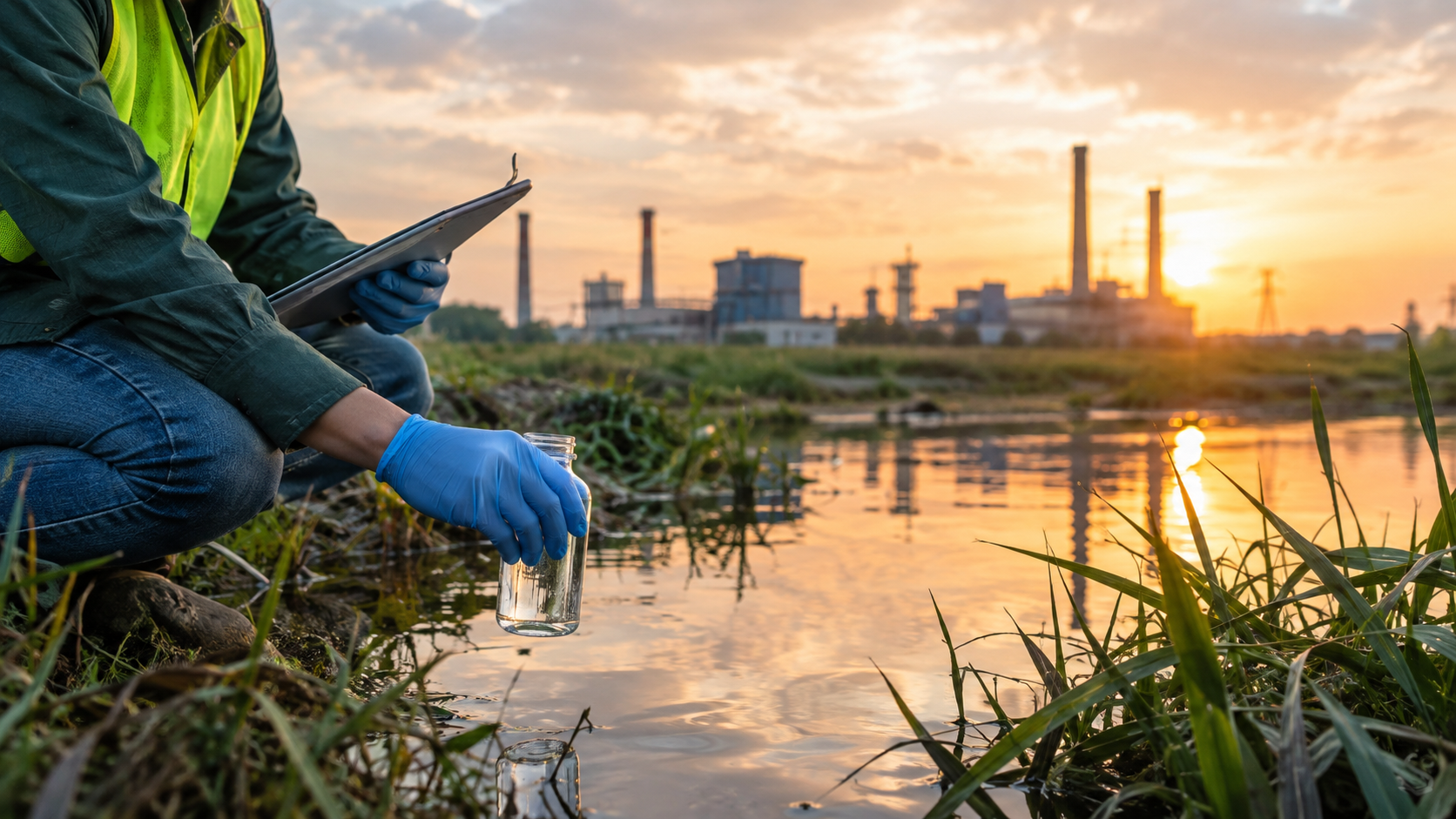 Profesional con chaleco reflectivo y guantes azules tomando una muestra de agua en un frasco de vidrio sobre la orilla de un río, con planilla de registro en la otra mano y una planta industrial con chimeneas reflejada al fondo durante el atardecer.