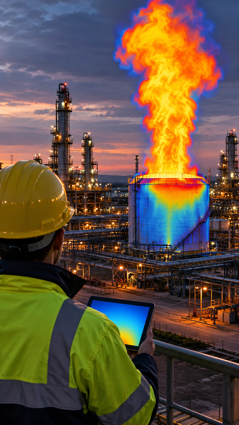 Operario con casco amarillo y chaqueta reflectiva mirando desde una baranda una refinería al atardecer, donde un tanque cilíndrico con mapa térmico azul y rojo emite una llamarada anaranjada recreada por computadora, mientras sostiene una tablet con degradado de colores.