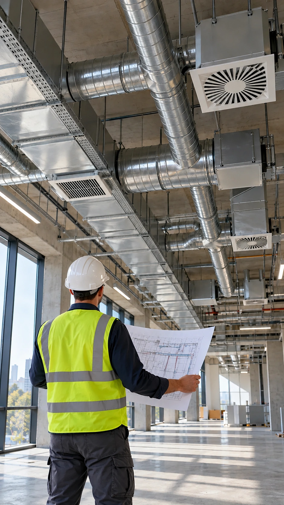 Técnico revisando un plano de ventilación mecánica frente a una instalación de conductos, rejillas y sistemas de distribución de aire en un edificio.