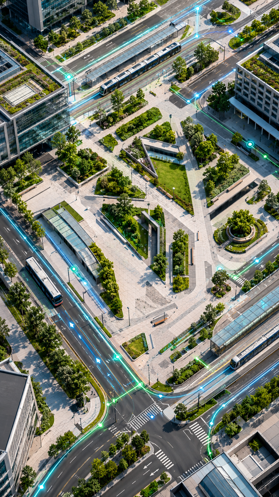 Vista aérea de una plaza y nodo de transporte con techos verdes, jardines, tranvías y colectivos, donde líneas luminosas azules y verdes marcan recorridos y cruces entre calles, sendas peatonales y andenes.