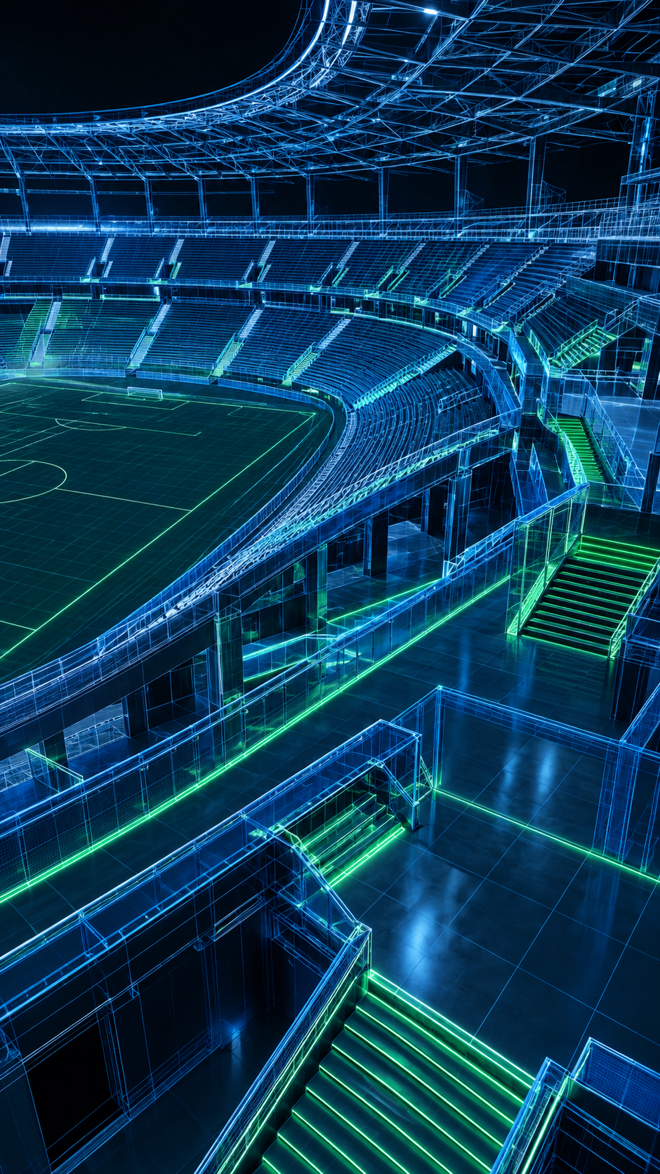 Render en wireframe de un estadio de fútbol trazado con líneas azules brillantes, con tribunas, campo de juego, pasarelas y escaleras de egreso resaltadas en verde neón sobre fondo oscuro.
