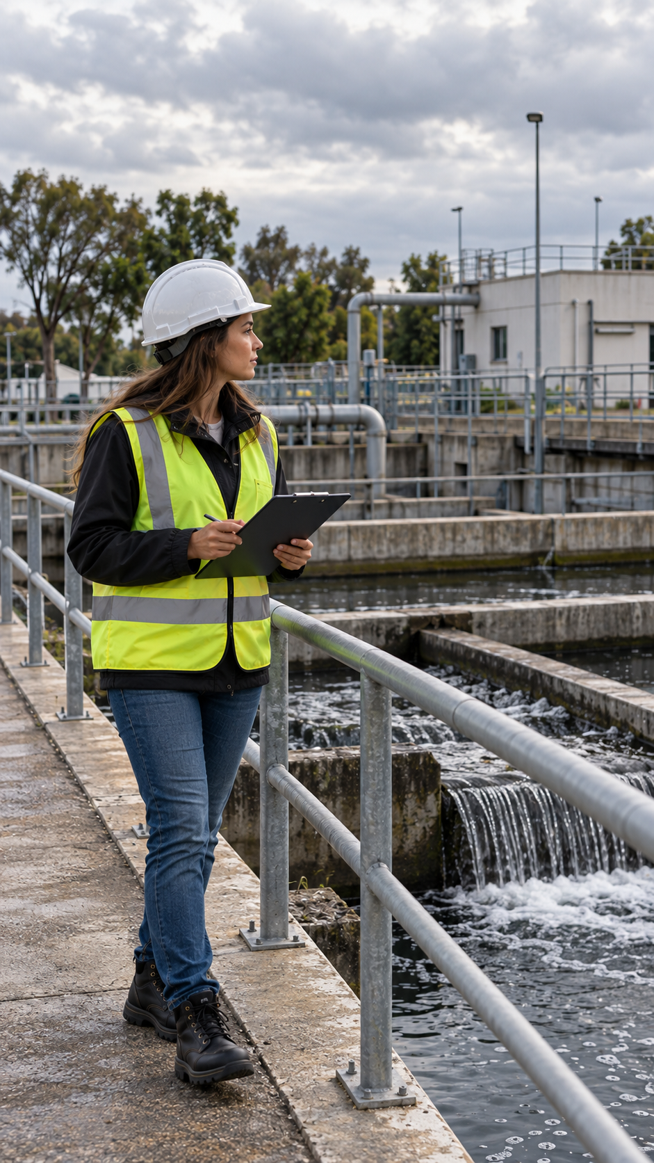 Seguimiento de parámetros ambientales en plantas de tratamiento Profesional realizando una inspección técnica en una planta de tratamiento de aguas, con instalaciones hidráulicas y sistemas de depuración, como parte de un plan monitoreo ambiental CABA.