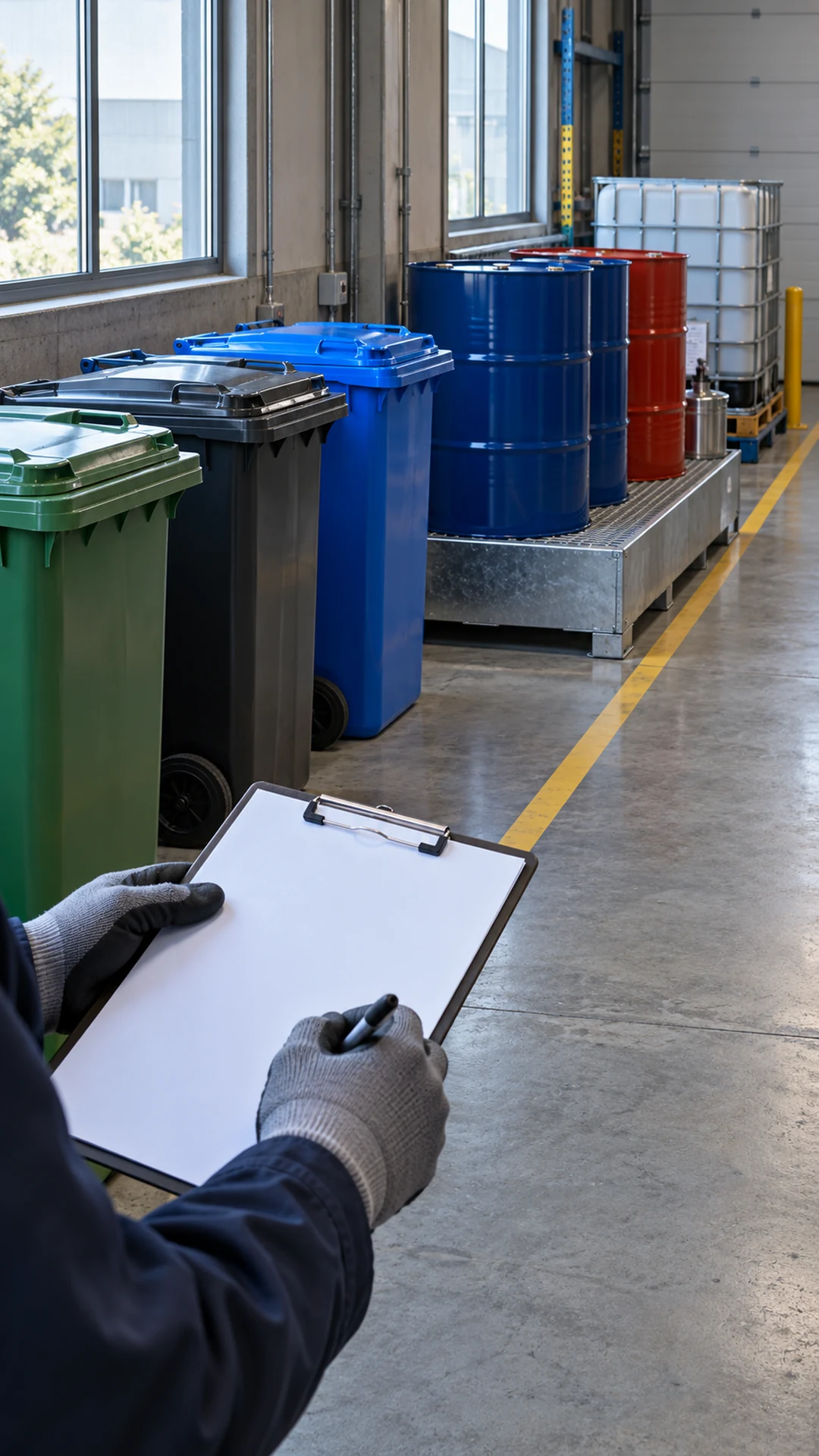 Relevamiento de recipientes y almacenamiento durante una auditoría ambiental en CABA, sin rostros visibles
