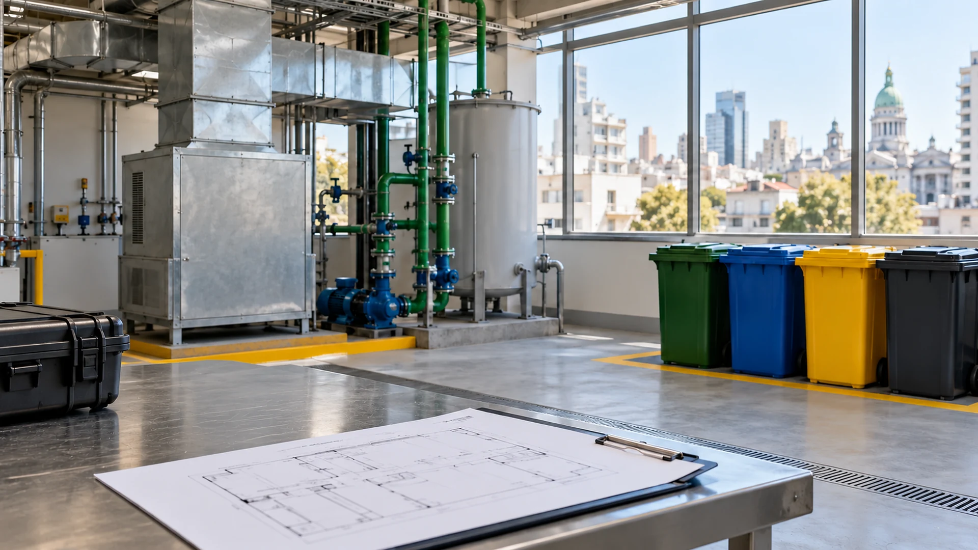 Instalaciones de ventilación, contenedores y planos para una auditoría ambiental en CABA