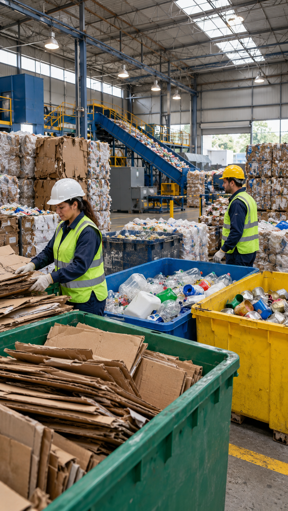 Clasificación de residuos y recuperación de materiales Trabajadores clasificando cartón, envases plásticos y latas en una planta de reciclaje industrial, como parte de las actividades contempladas en un plan de gestión ambiental en CABA.