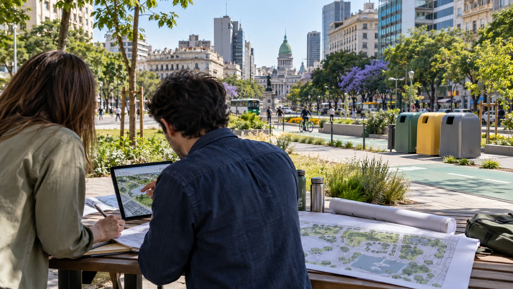 Diseño de estrategias ambientales para proyectos urbanos Profesionales revisando planos de espacios verdes y documentación técnica en un entorno urbano para elaborar un plan de gestión ambiental en CABA.