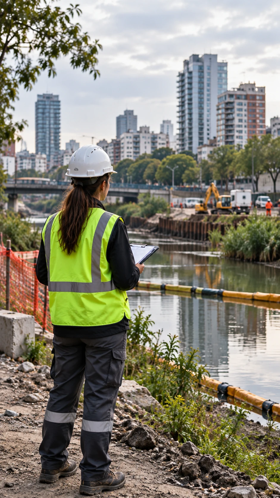Registro de calidad ambiental en zonas de obra Técnica operando equipos de control junto a una obra urbana para desarrollar un plan monitoreo ambiental CABA y registrar variables del entorno.