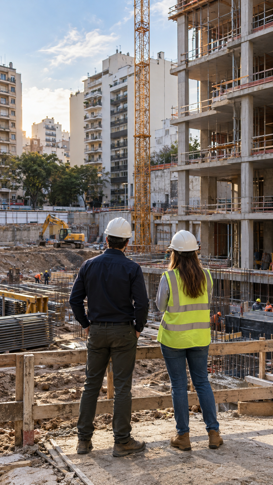 Dos profesionales supervisando la construcción de un edificio y evaluando las condiciones estructurales para desarrollar un plano de ventilación mecánica adaptado a las características del proyecto.
