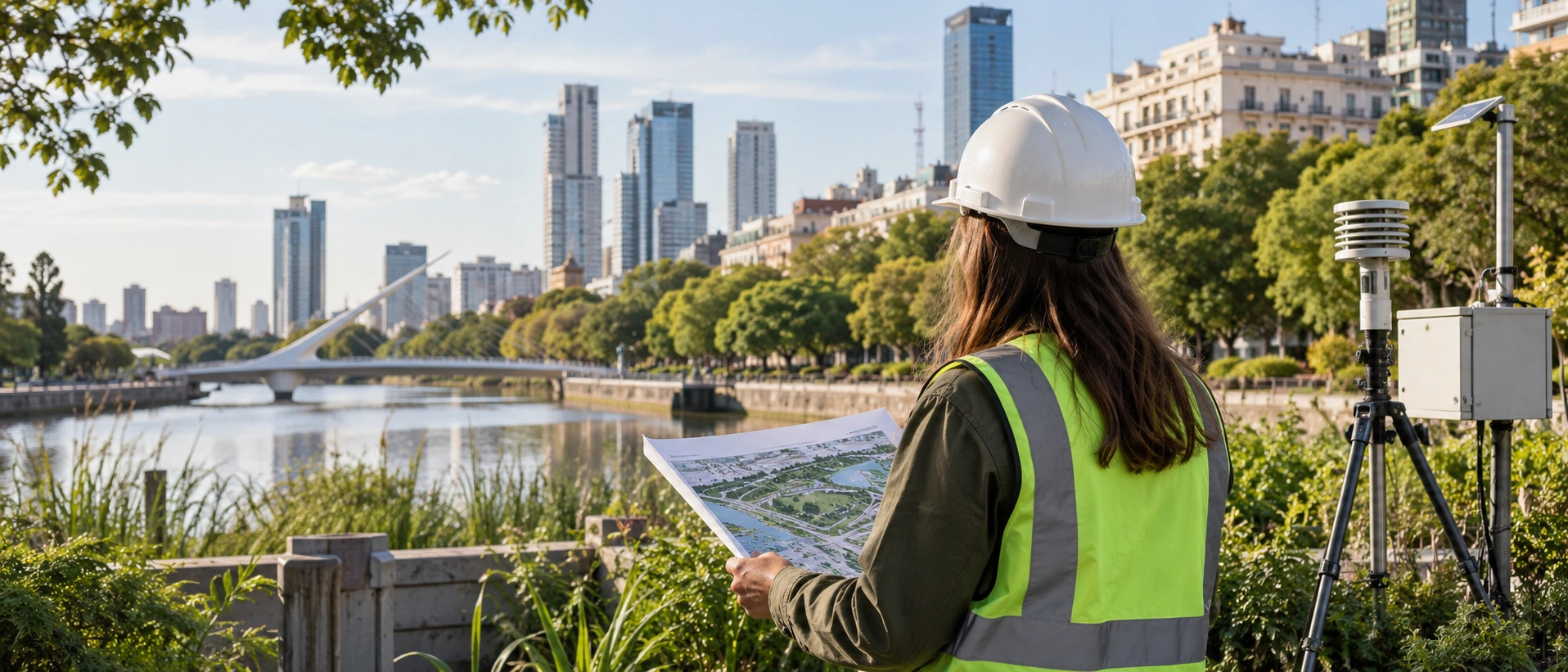Seguimiento técnico de condiciones ambientales urbanas Profesional realizando un relevamiento junto a un curso de agua urbano con instrumental de control para desarrollar un plan monitoreo ambiental CABA.
