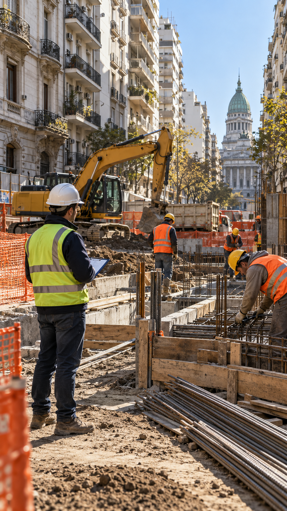 Supervisión ambiental de obras en zonas urbanas Profesional supervisando una obra de construcción urbana con maquinaria, trabajadores y materiales, en el marco de un plan de gestión ambiental en CABA.